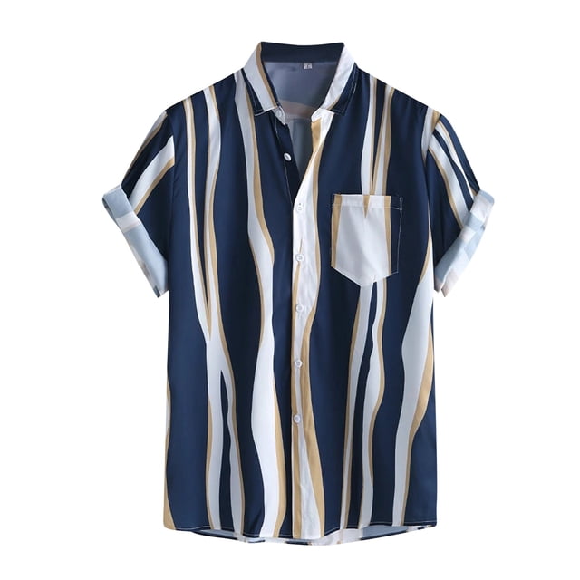 Camisas Casuales Para Hombre Gire de impresión camisa de abajo Pocket Short Casual Stmady Button Men camisas de manga Men (Blue, L)