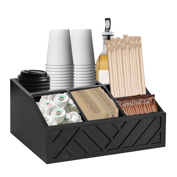 Kabuer Coffee Station Organizer - Wooden Coffee Bar Organizer for Countertop K Cup and Drink Tea Condimen Storage Organizer (Black ,11.8x7.67x4.72in)