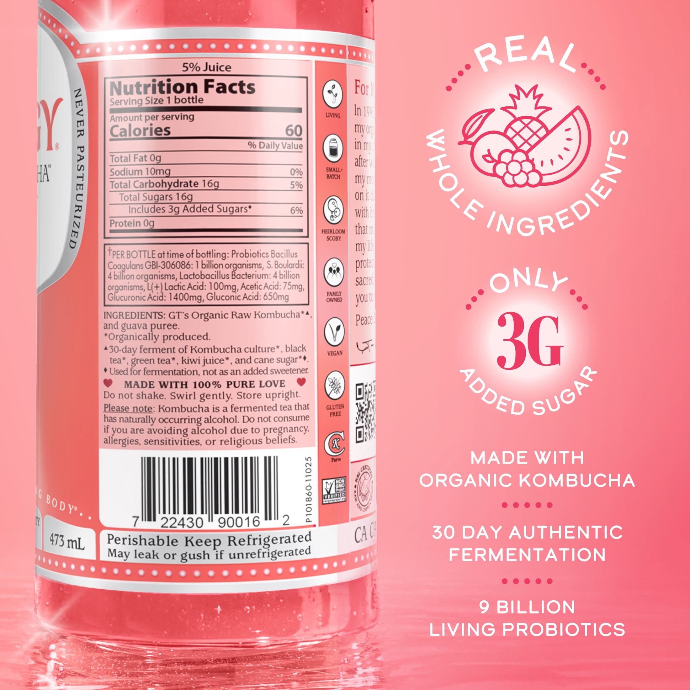 GT's Synergy Guava Goddess Raw Kombucha 16 fl oz