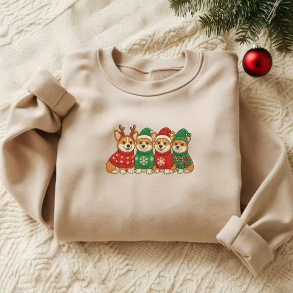 Embroidered Corgi Dog Santa Christmas Sweatshirt Christmas Dog Crewneck Women Christmas Sweater Xmas Dog Shirt Ugly Christmas Gift Xmas