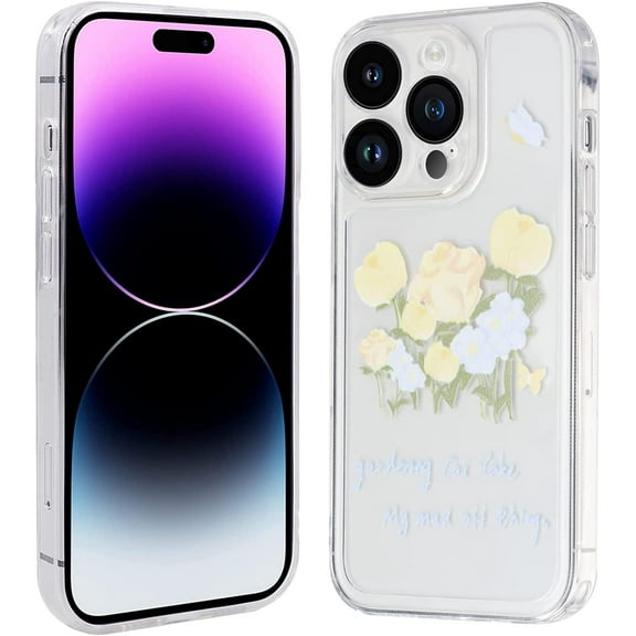 Case for iPhone 14 Pro Max 2022 (6.7 Inch), Clear Slim Soft TPU Case with Women Girl Retro Floral Flower Design Case for iPhone 14 Pro Max, Transparent Flowers & Butterflies