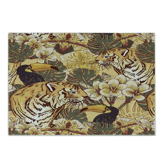 Tiger Cutting Board, Tropical Animals of Bengal and Toucan Harmonious Nature, Decorative Tempered Glass Cutting and Serving Board, Small Size, Earth Yellow Dark Blue, by Ambesonne