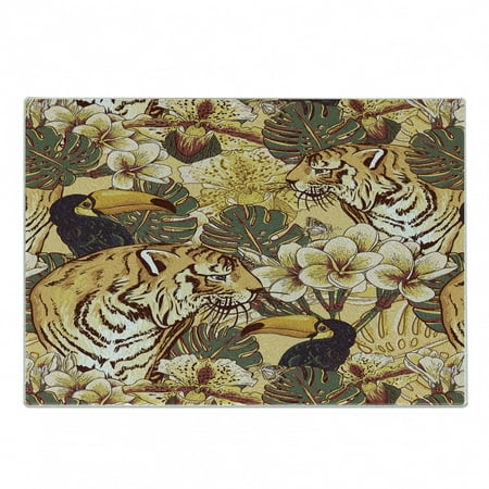 

Tiger Cutting Board Tropical Animals of Bengal and Toucan Harmonious Nature Decorative Tempered Glass Cutting and Serving Board Small Size Earth Yellow Dark Blue by Ambesonne