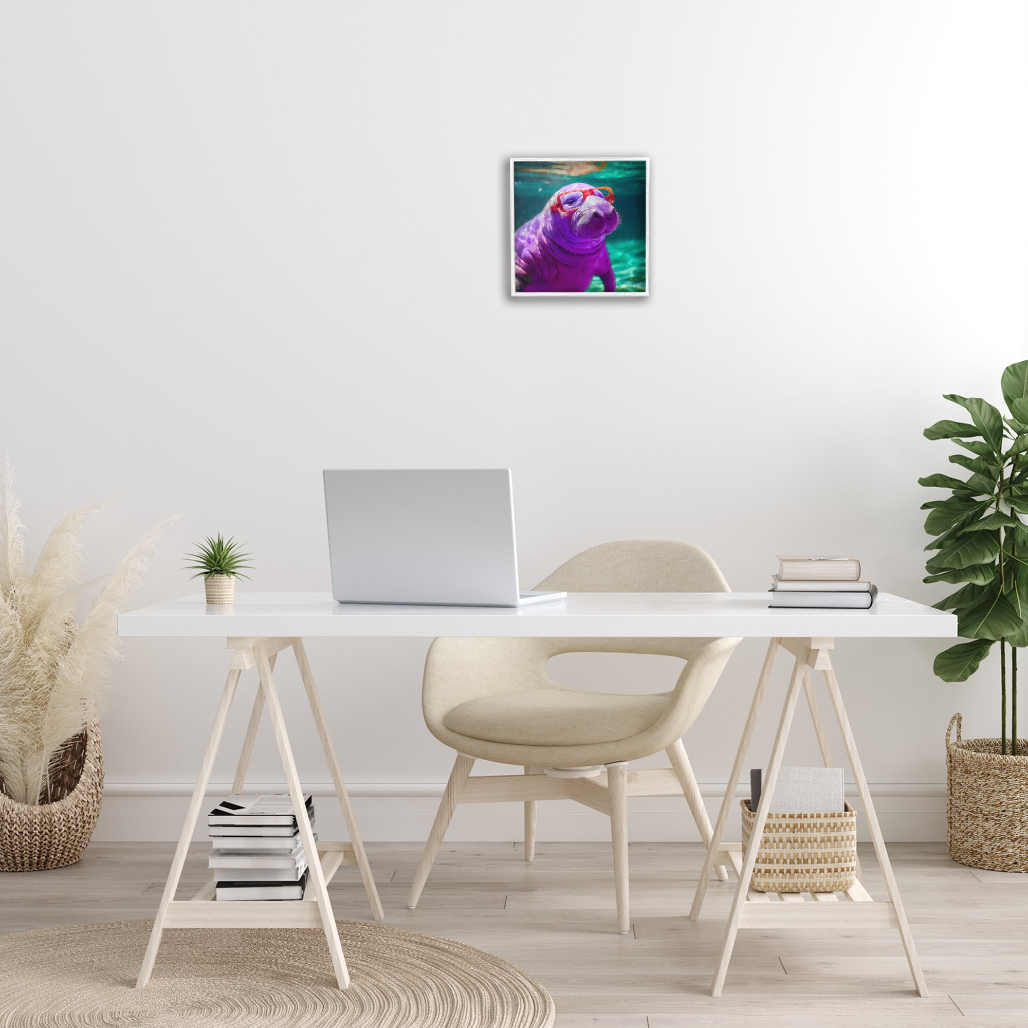 Stupell Industries Manatee with Glasses Animals & Insects Painting White Framed Art Print Wall Art, 12 x 12