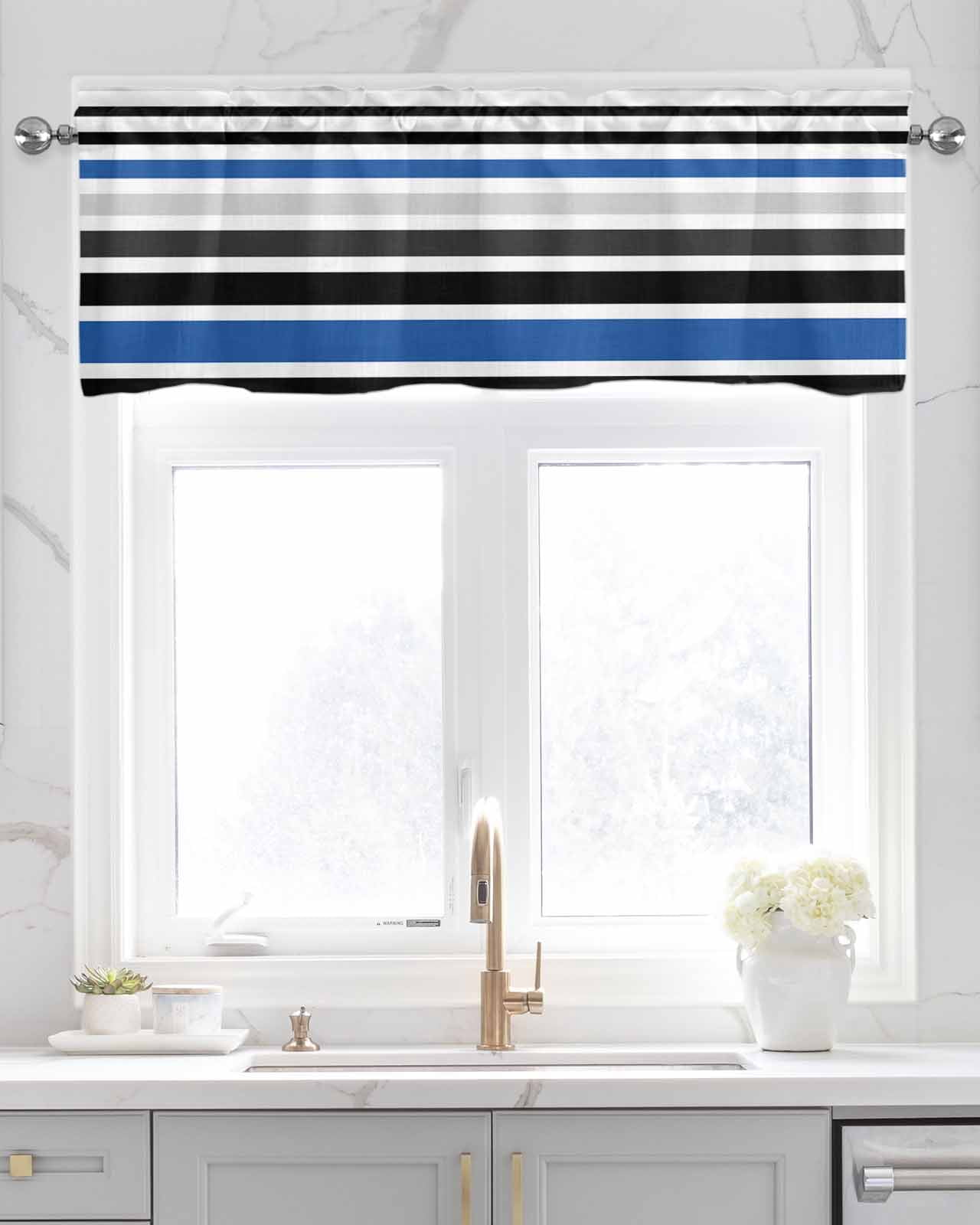 Navy Blue Black Stripe Kitchen Valances for Windows Farmhouse Linen Window Valance Curtain for Living Room Window Treatment Modern Abstract Coarse Striped Valance Rod Pocket Topper, 54 x 18 Inch