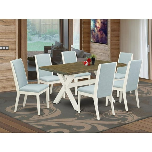 7 Piece X-Style Dining Room Table Set - Wirebrushed Linen White, Distressed Jacobean & Baby Blue