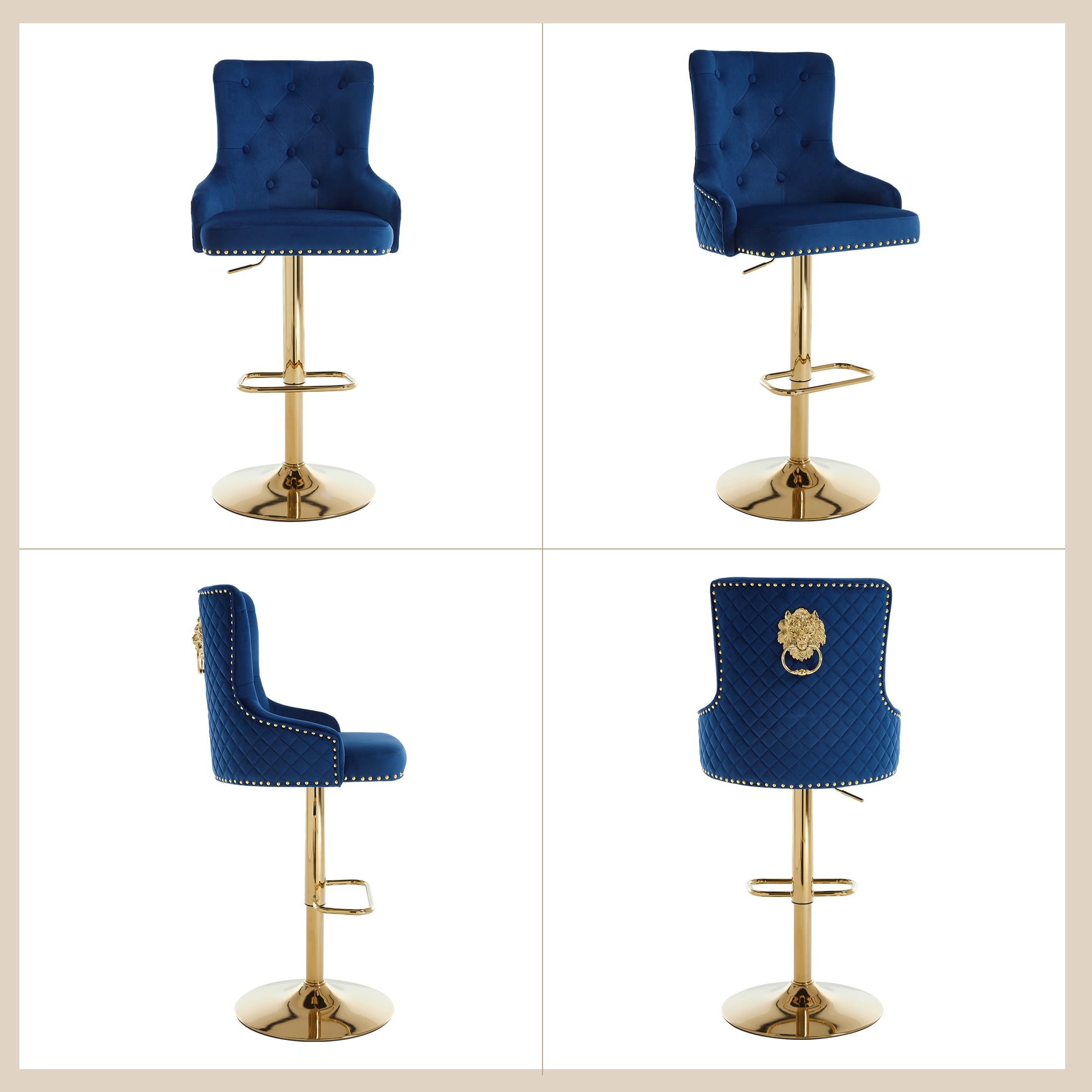 Velvet Gold Bar Stools Set of 4 Modern Counter Height Bar Stools with Lion Pull Ring Tufted Back, Nailhead Upholstered Barstools for Home Kitchen Island, Swivel Adjustable Stool Chair in Dark Blue