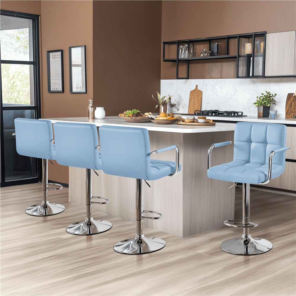 Alden Design PU Leather Bar Stools with Large Steel Pedestal Base, Set of 2, Blue