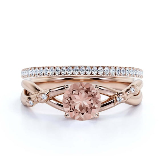 Spectacular And Decorative Rings Boho & hippie 1.60 Carat Round Cut Morganite And Diamond Moissanite Engagement Ring, Wedding Ring, One Matching Band in 10k Solid Rose Gold, Promise Ring, Lovely Gift