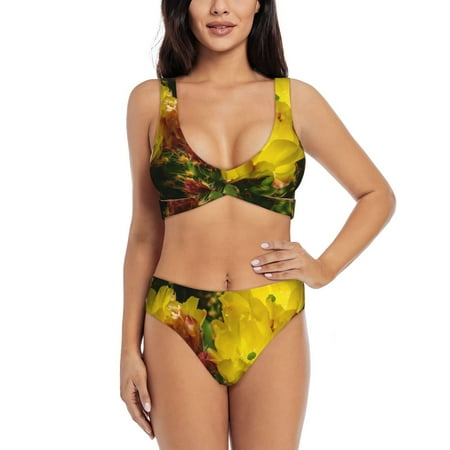 Zeuib Cactus Flowers High Waisted Tummy Control Bikini Set - Knot Front Push Up Top & Cheeky Thong Bottom  Two-Piece Swimsuit for Women-Small