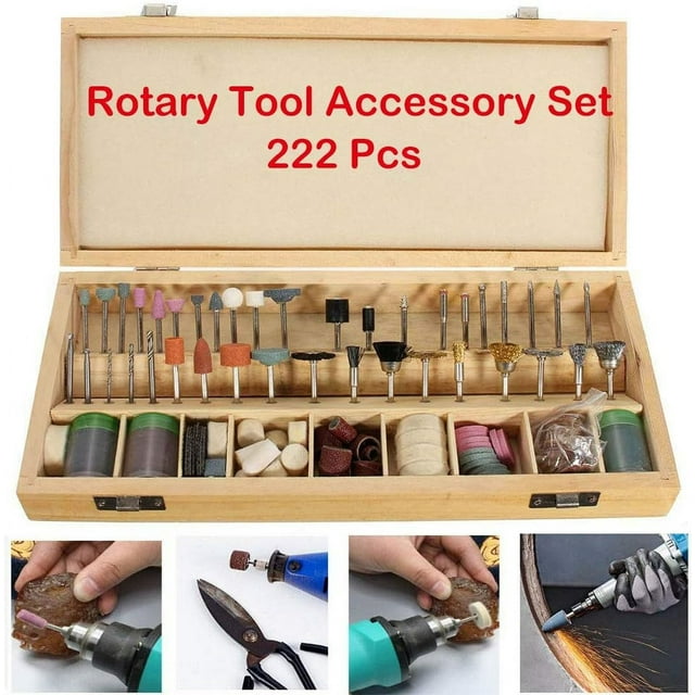 222-Piece Universal Rotary Tool Accessory Kit by Aetomce displayed in a wooden storage case. Features grinding stones, sanding discs, polishing pads, and drill bits for precision crafting, woodworking, and home improvement. Compatible with Dremel rotary tools and ideal for detailed projects.