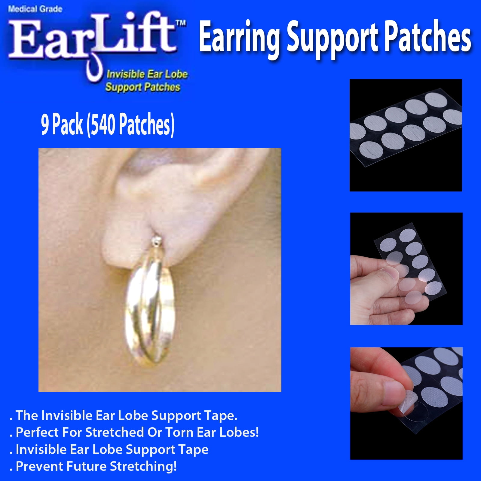 Earlift Earring Support Patches Stretched Droopy Ear Lobe Support Invisible - 9 Pack (540 Patches)