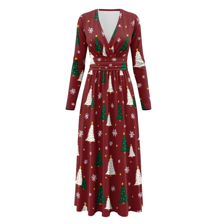 Tutolipy Formal Dresses for Women Christmas Tree Printed A Line Dress V Neck Midi Dresses Snowflake Printed Empire Waist Dress for Fall Winter, XL