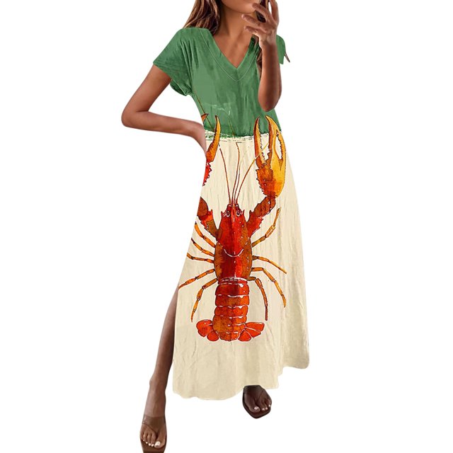 VEKDONE Womens Spring And Summer V-Neck Solid Casual Short Sleeved Long Sundress C Multicolor XXL