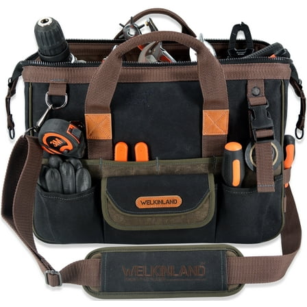 WELKINLAND 32-Pockets Heavy-Duty Waxed Canvas Tool Bag, 16-inch