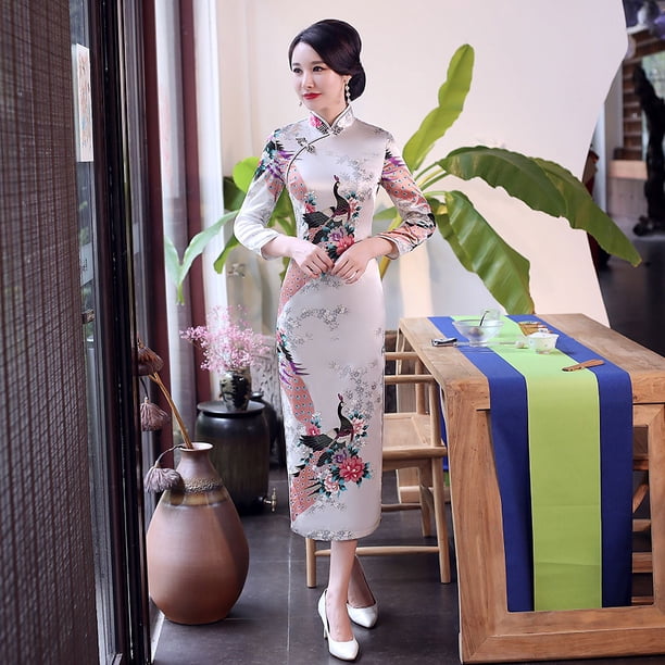Cheongsam largo de satén con estampado de agujeros multicolor de otoño, talla grande, estilo retro, ajustado, para banquetes, pasarela