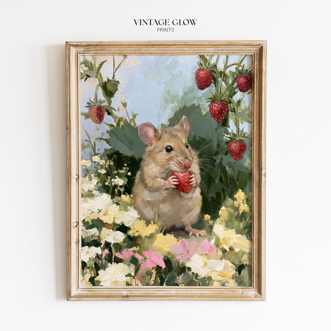 Mouse And Strawberry Nursery Wall Art Print Cottagecore Woodland Animal Nursery And Home Decor