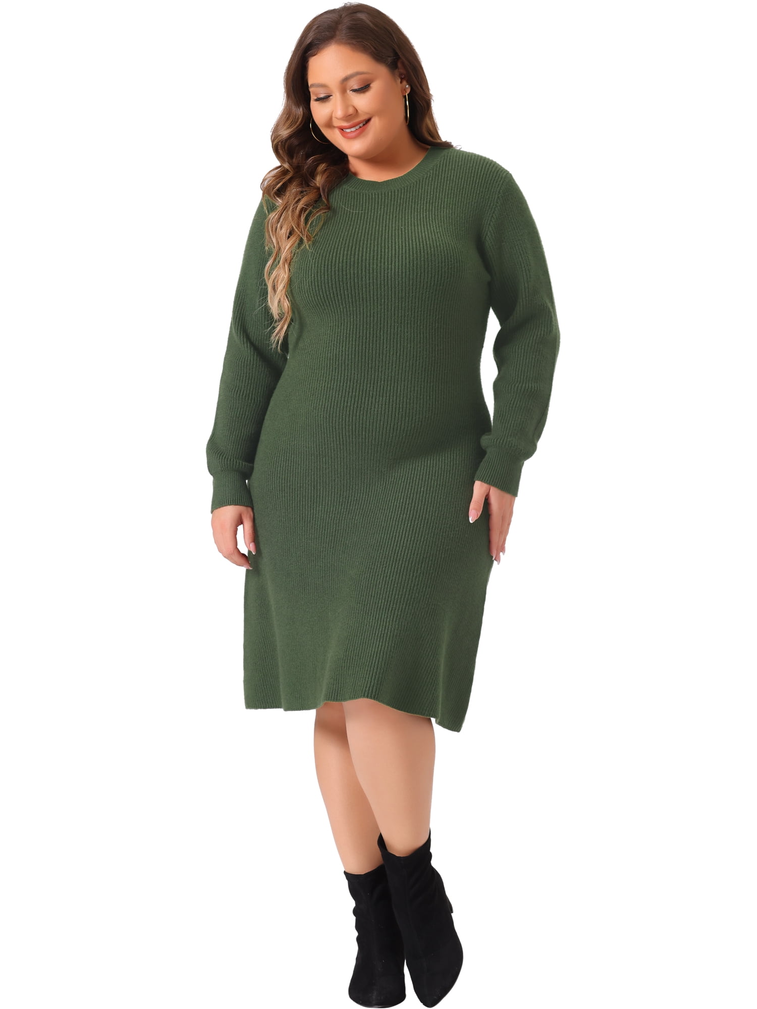 DARING DIVA Plus Size Sweater Fall Crew Neck Long Sleeve Dress 3X Army Green