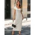 thumbnail image 4 of DARING DIVA Bodycon Ribbed Knit Striped Square Neck Slim Fit Dress S White, 4 of 7