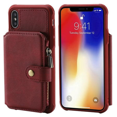 iPhone X/ iPhone XS Zipper Wallet Case, Allytech PU Leather Stand Slim Shell Case Cover with Card Slots and Magnetic Buckle for Apple iPhone X/ iPhone XS, Red