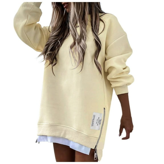 Womens Crewneck Oversized Sweatshirts Solid Color Pullover with Zip Side Slits Long Sleeve Loose Fit Tops Casual Fashion 2025