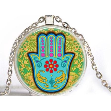 

Necklace with Hamsa on Yellow and Blue Photo Glass Pendant