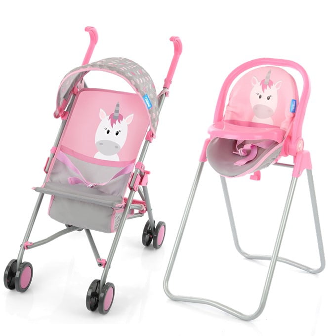 Simulation Pushchair Toy w/ Baby Doll Stroller and Bed Cradle Kids Nursing Room 