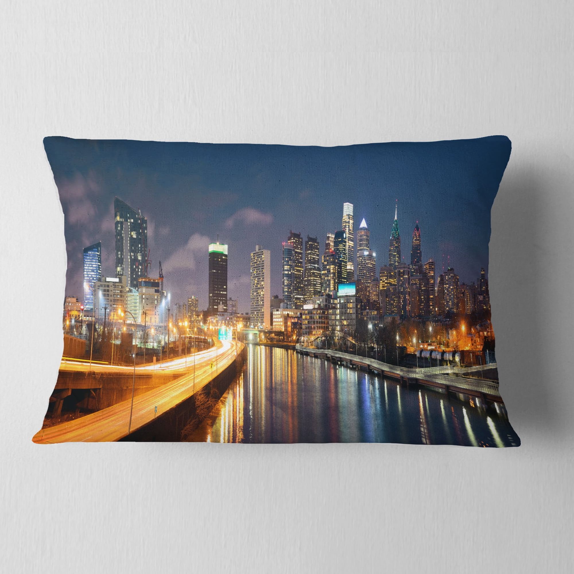 Designart Philadelphia Skyline at Night - Cityscape Throw Pillow - 12x20
