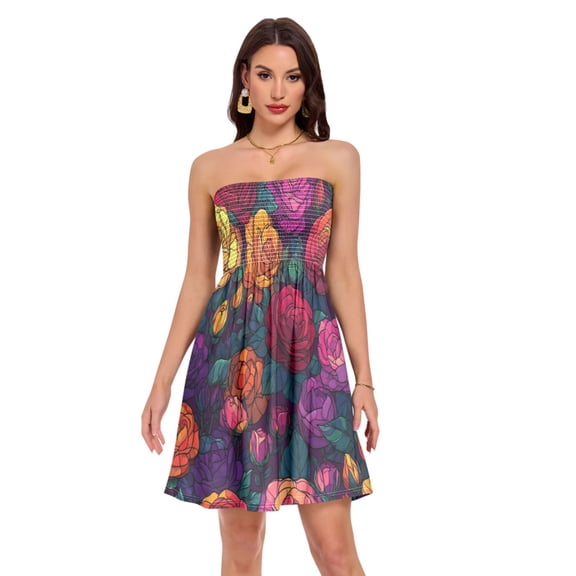 Women's Strapless Dress High-waist Smocked Casual Dresses A-Line Midi Dress for Summer Vacation, Stained Roses Print S