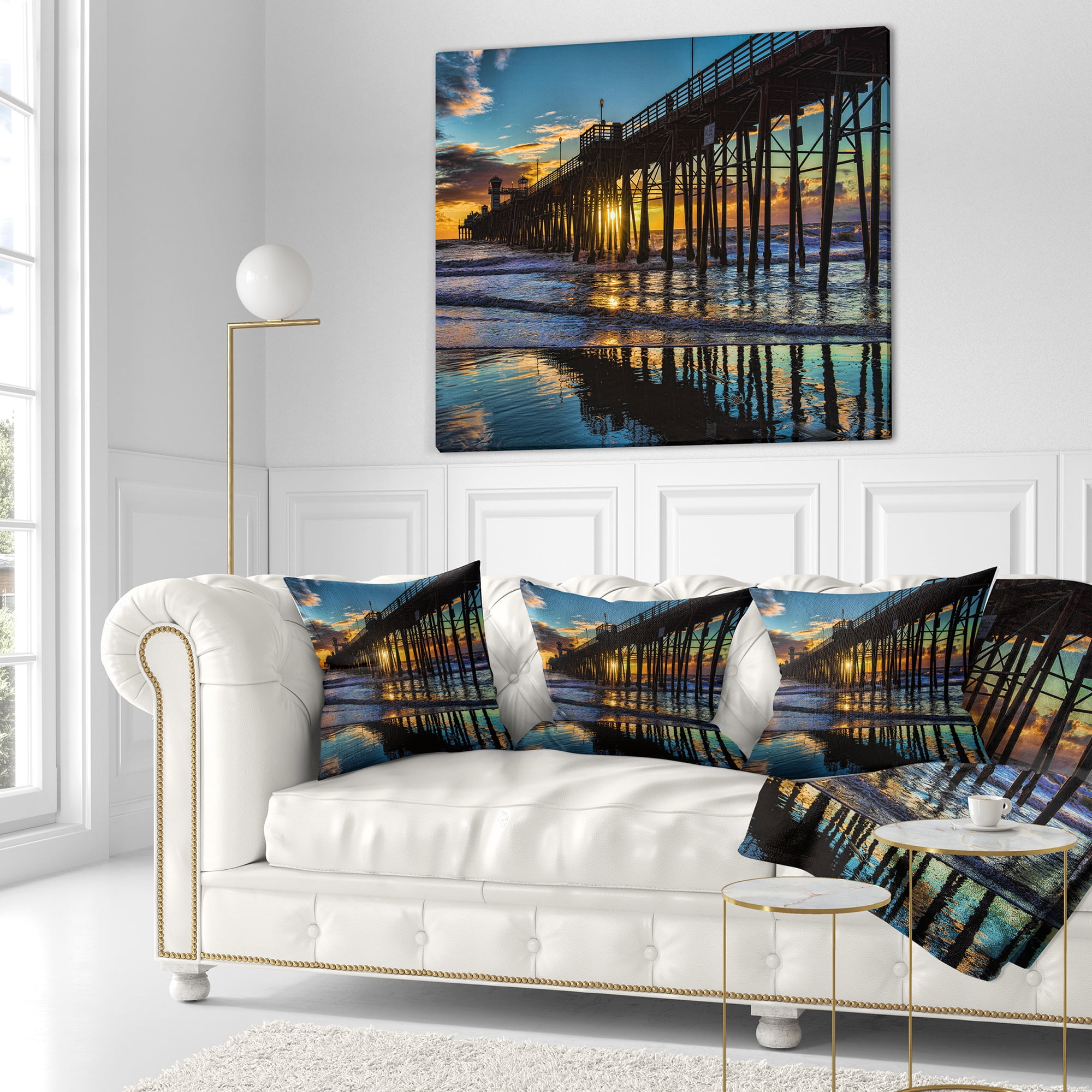Designart Oceanside Pier at Evening - Landscape Photography Throw Pillow - 16x16
