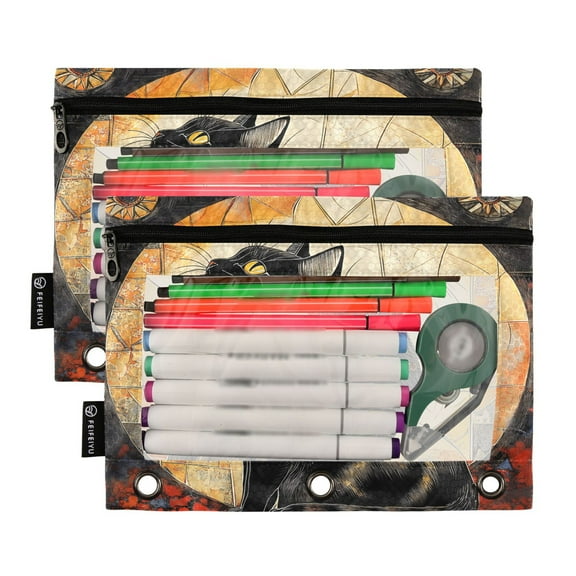 2 Pack Pencil Pouch for 3 Ring Binder Smooth Zipper Folders with Pockets Clear Window Pencil Case Elegant Black Cat