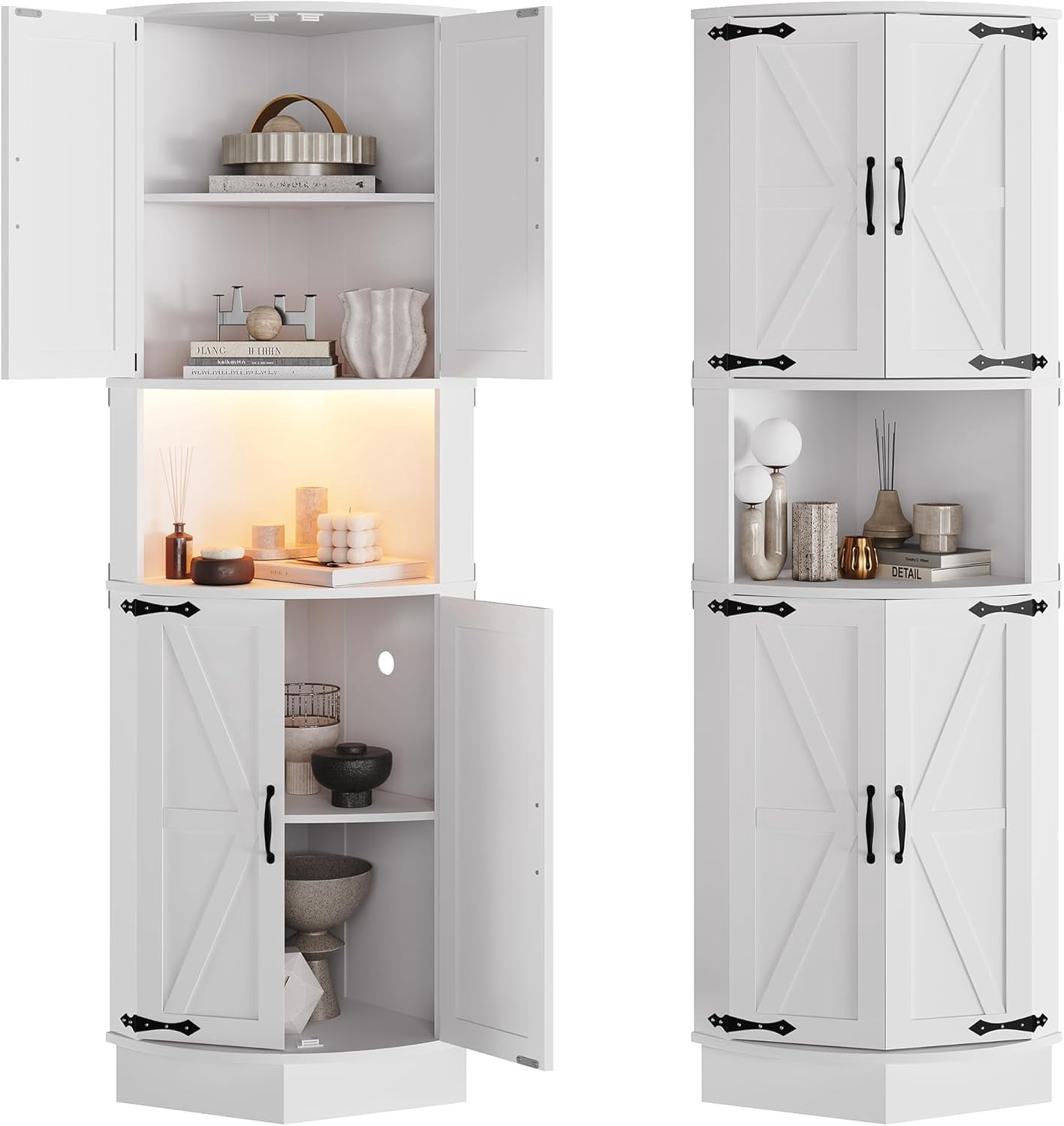 65" Tall Farmhouse Corner Cabinet with LED Light, Display Storage Cabinet with Barn Door, Tall Bathroom Cabinet, Standing Corner Storage Cabinet with 5 Tier Shelves and USB Ports & Outlets for Living