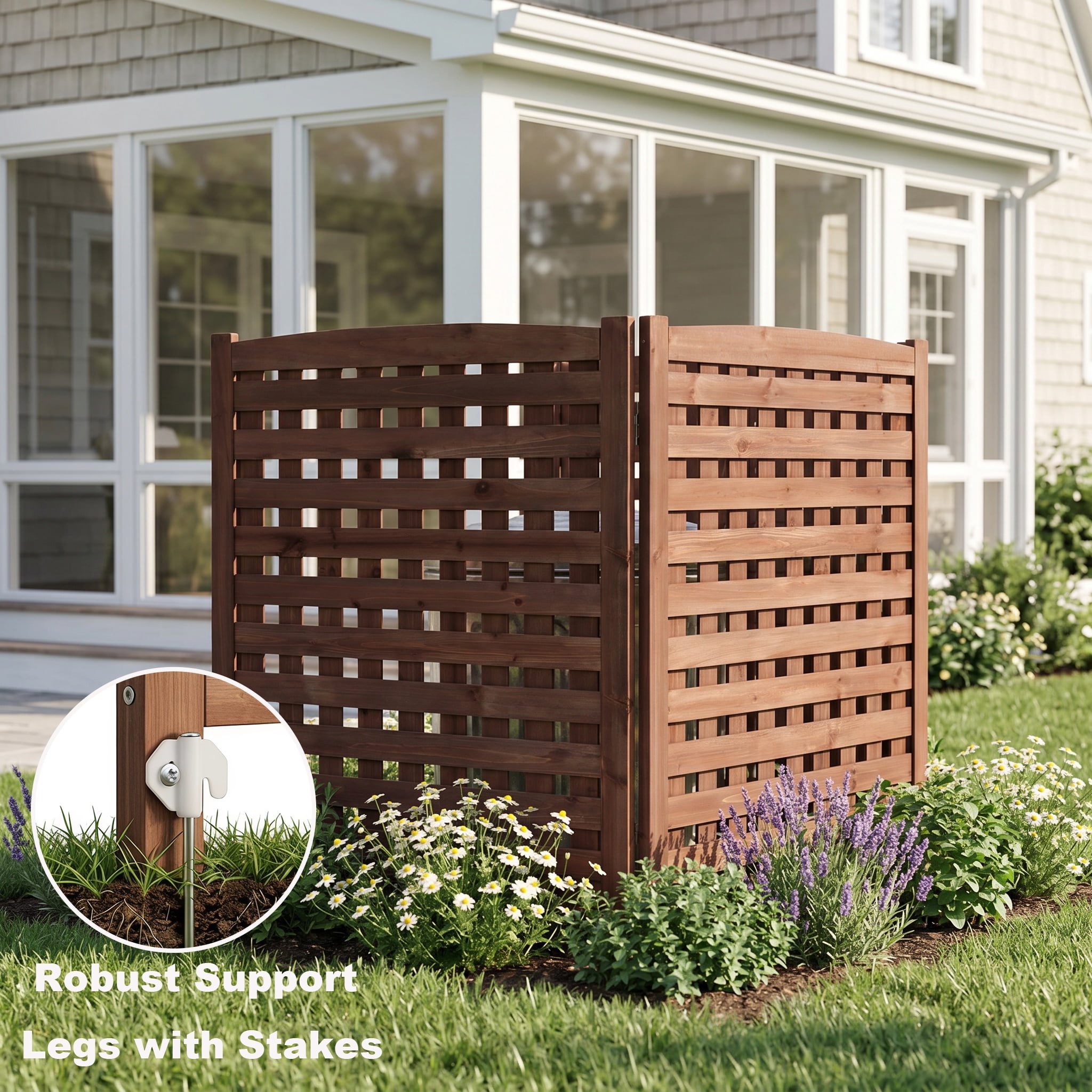 Outdoor Wood Privacy Fence 3-Panel 32W x 38H, Solid Wood Air Conditioner Screen with Slat Spacing for AC Unit Trash Can Pool Pump Enclosure, Brown