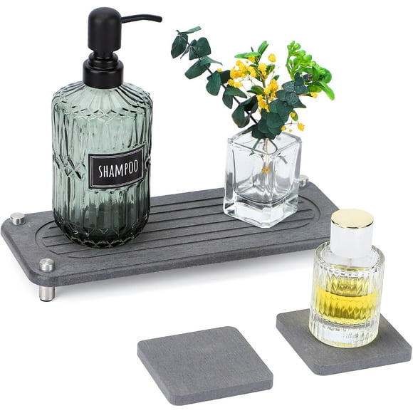 shiyou-Fast Drying Bathroom Counter Tray, 11 x 4.4in Water Absorbing Stone Tray for Countertop, Diatomaceous Earth Kitchen Soap Tray Small Coaster Sponger Holder Kitchen Decor and Accessories Gray
