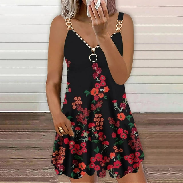 LOVZFMLL Dresses Women Casual Draw Back Printed Sleeveless Ruffle Lace-up Cold Shoulder Dress