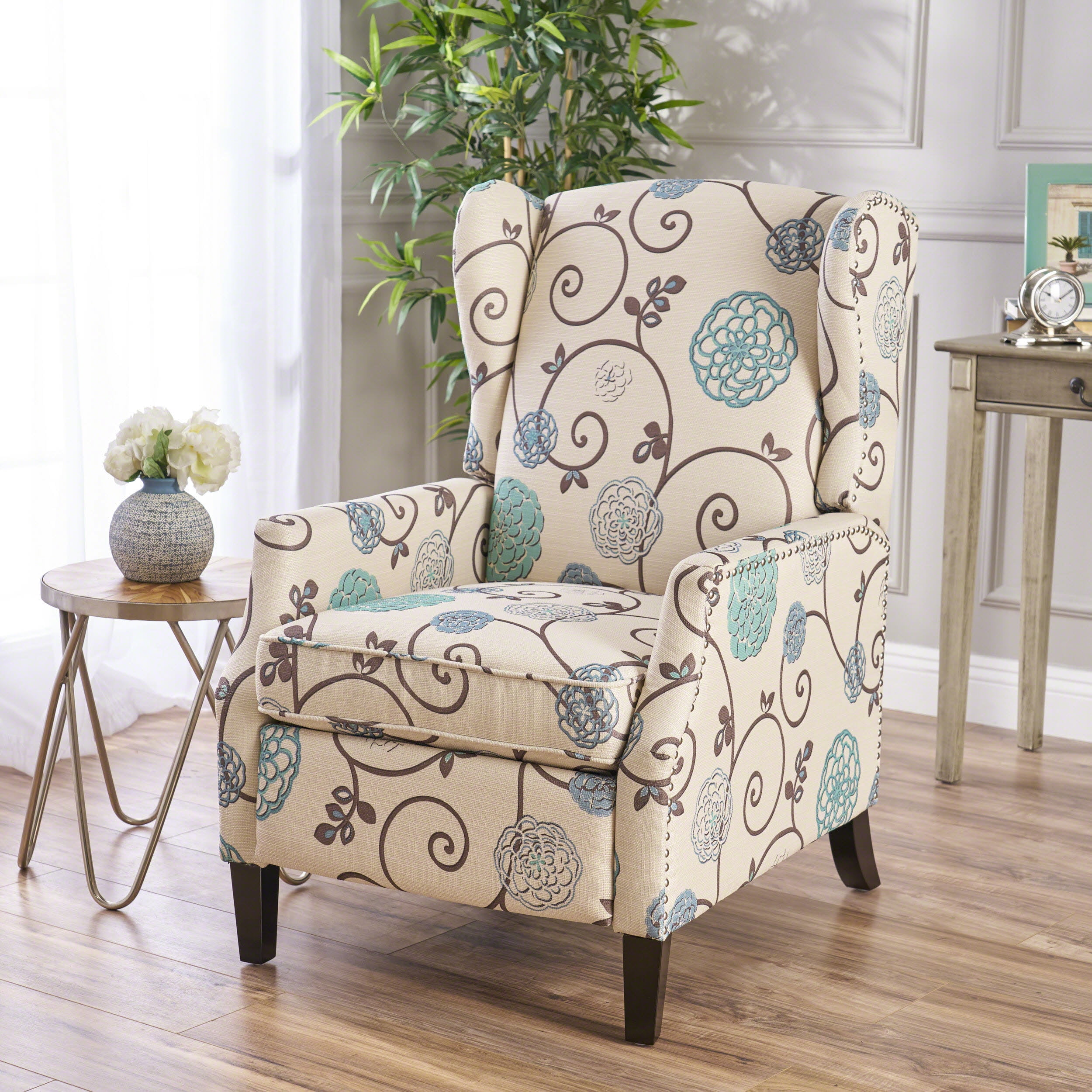 Euroco Traditional Wingback Recliner Chair with Studded Trim,100% Polyester Upholstery