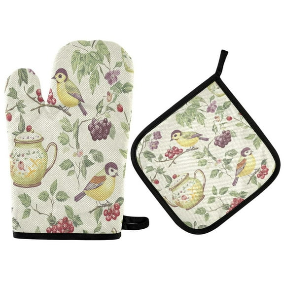 Yayeee Oven Mitts and Pot Holder Set of 2 Heat Resistant Kitchen Gloves Baking Hot Pad, Purple Birds Teapots