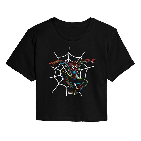 Marvel - Spider-Man Neon Web - Juniors Cropped Short Sleeve Graphic T-Shirt