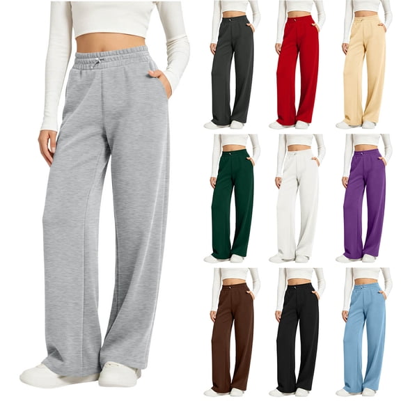Womens Straight Leg Solid Sweatpants, Elastic Waist Drawstring Loose Sports Pants with Pockets, Running Fitness Outdoor Wear | VerBelle,Army Green L