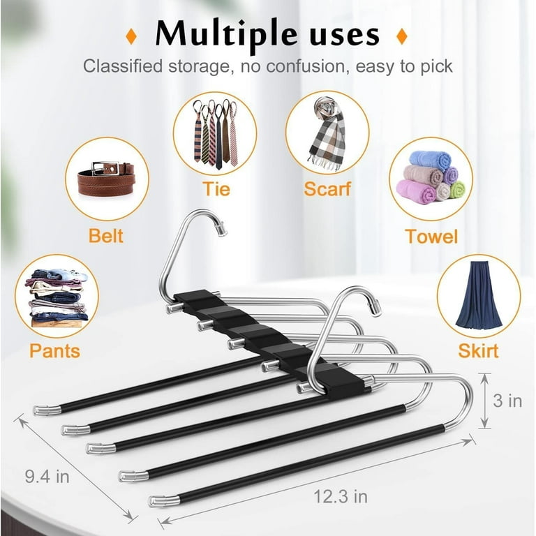 Magic Pants Hangers Space Saving,2 Pack for Closet Multiple Layers  Multifunctional Uses Rack Organizer for Trousers Scarves Slack(2Pack,Black)  