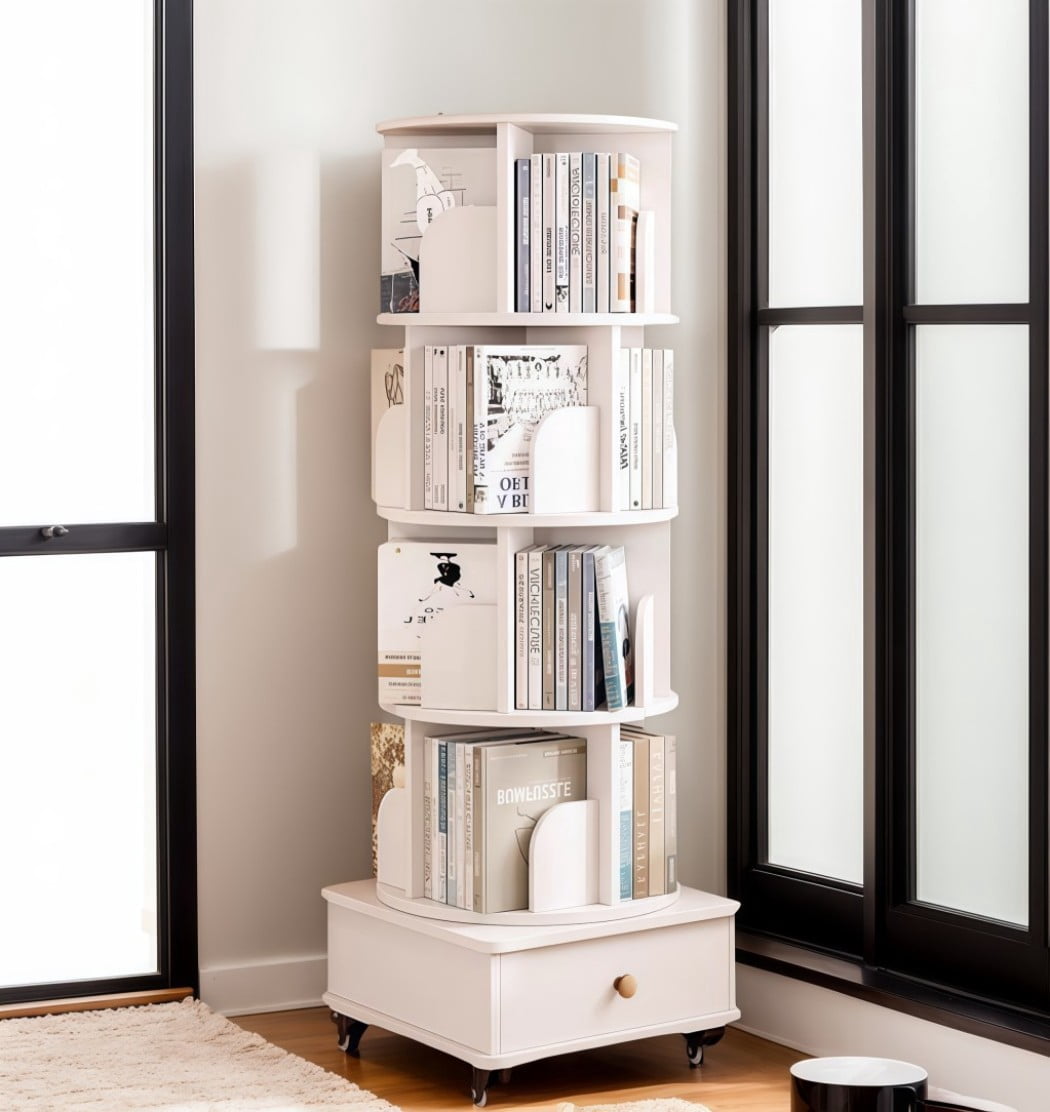 5-Tier Rotating Bookshelf with Drawer, 360° Spinning Corner Bookcase, Narrow Space-Saving Floor Standing Storage Rack for Bedroom, Living Room, White