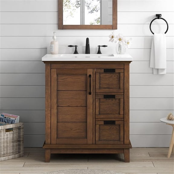 Pemberly Row 30" Bathroom Vanity in Antique Oak with White Countertop