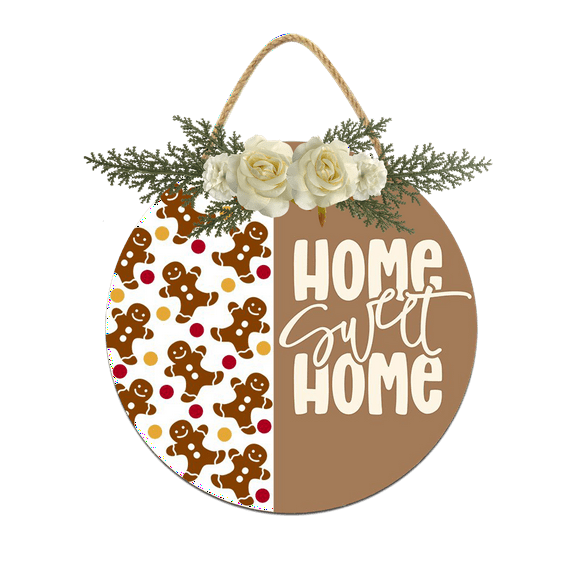 Eveokoki Home Sweet Home Gingerbread Decorations Wreath, Wooden Hanging Sign Rustic Wooden Holiday Decor for Front Door Porch Window Wall Farmhouse Indoor Outdoor Decorations 11x11Inch