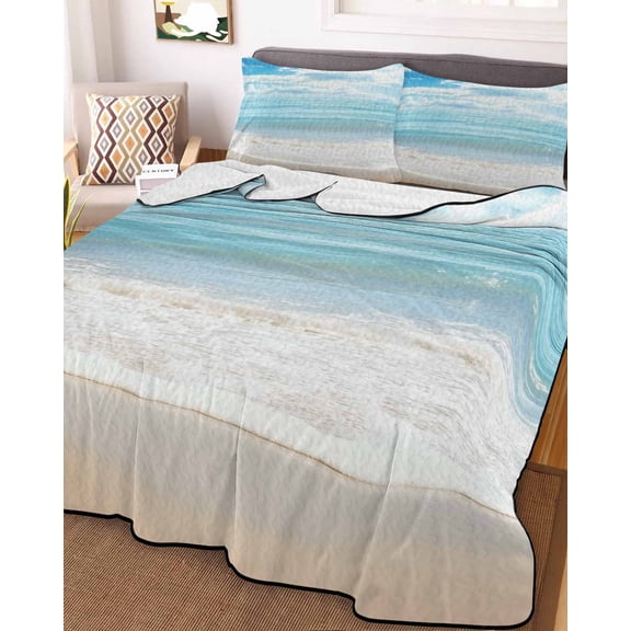 Blue Ocean Queen Size Down Alternative Comforter, Lightweight Comforter Quilt Bedding Set with Pillow Shams Coastal Sea Beach Shore Sky Waves Scenery All Seasons Bed Comforter Duvet Insert 90"x96"