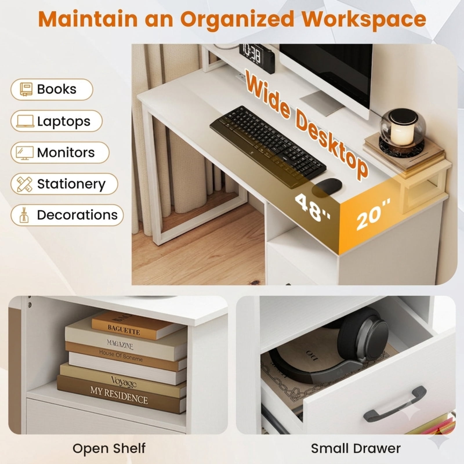 Furnibear Computer Desk with Power Outlets and File Drawer, Modern Home Office Desk with Monitor Stand and Metal Frame for Study Room, White