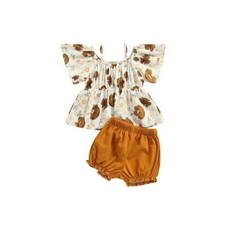 

jaweiw Baby Girls Summer Clothes Set Floral Print Cold Shoulder Short Sleeve Spaghetti Straps Tops and Casual Shorts Set