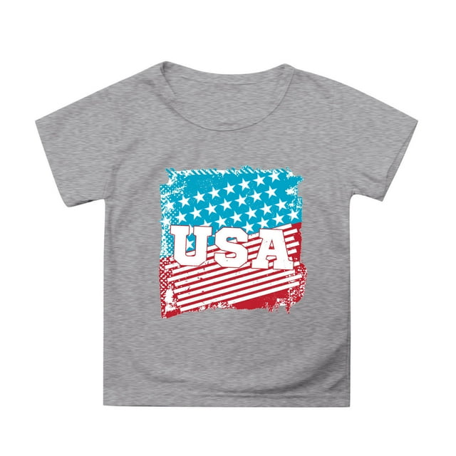 NINGMENG Hauts et T-Shirts pour Filles Enfants Imprimé Drapeau Jour de l'Indépendance 4 Juillet Col Rond Manches Courtes Chandail Tee-Shirts Mode Urbaine, Gris, 6-7 Ans