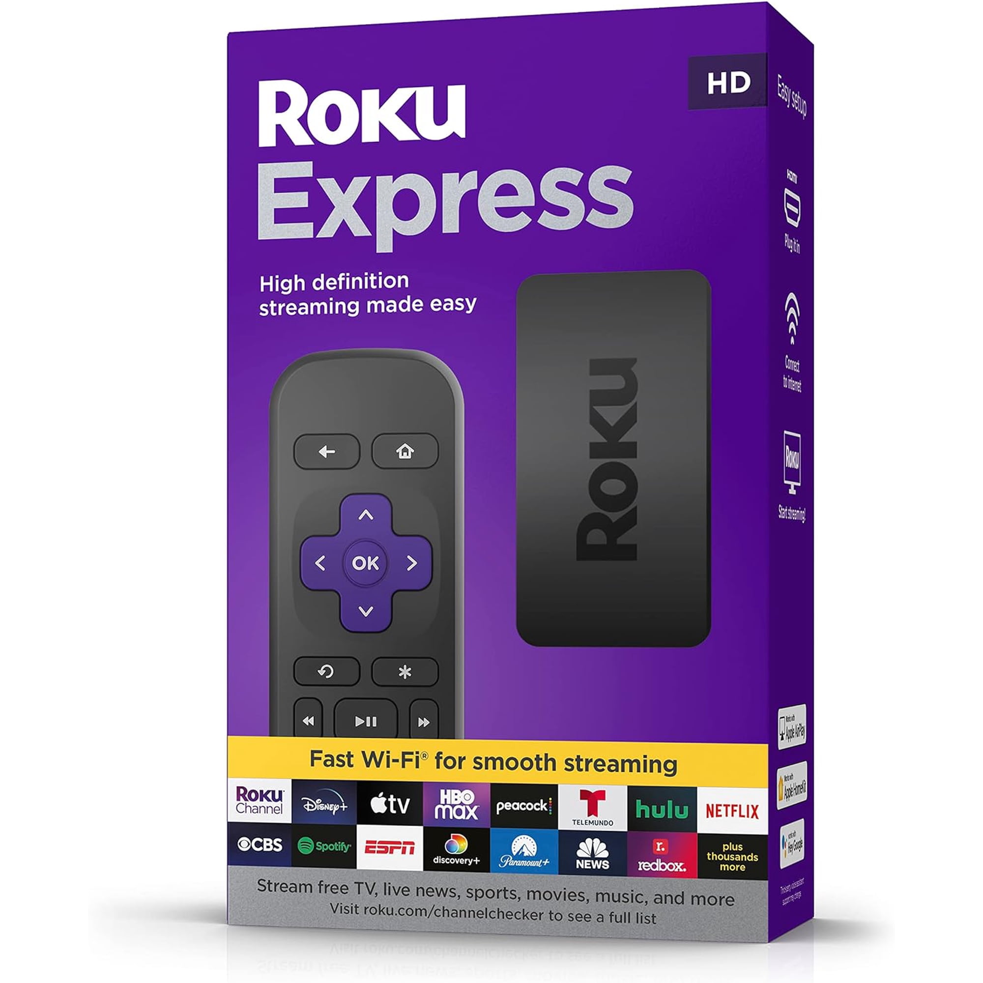 Roku Express (New) | HD Roku Streaming Device with Simple Remote (no TV controls), Free & Live TV