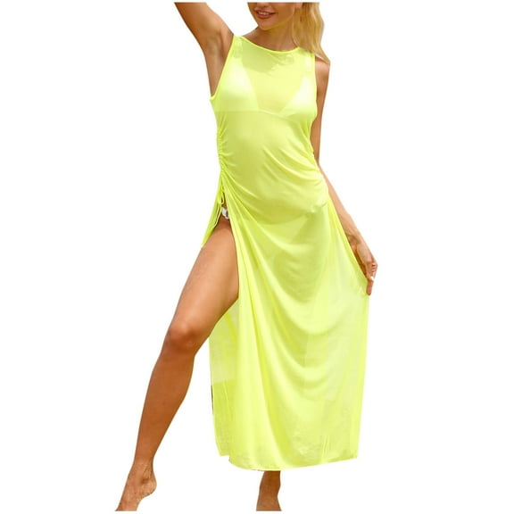 fatyb Women's Long Swimsuit Coverup Mesh Sleeveless Bathing Suit Cover up Side Drawstring Bikini Dress