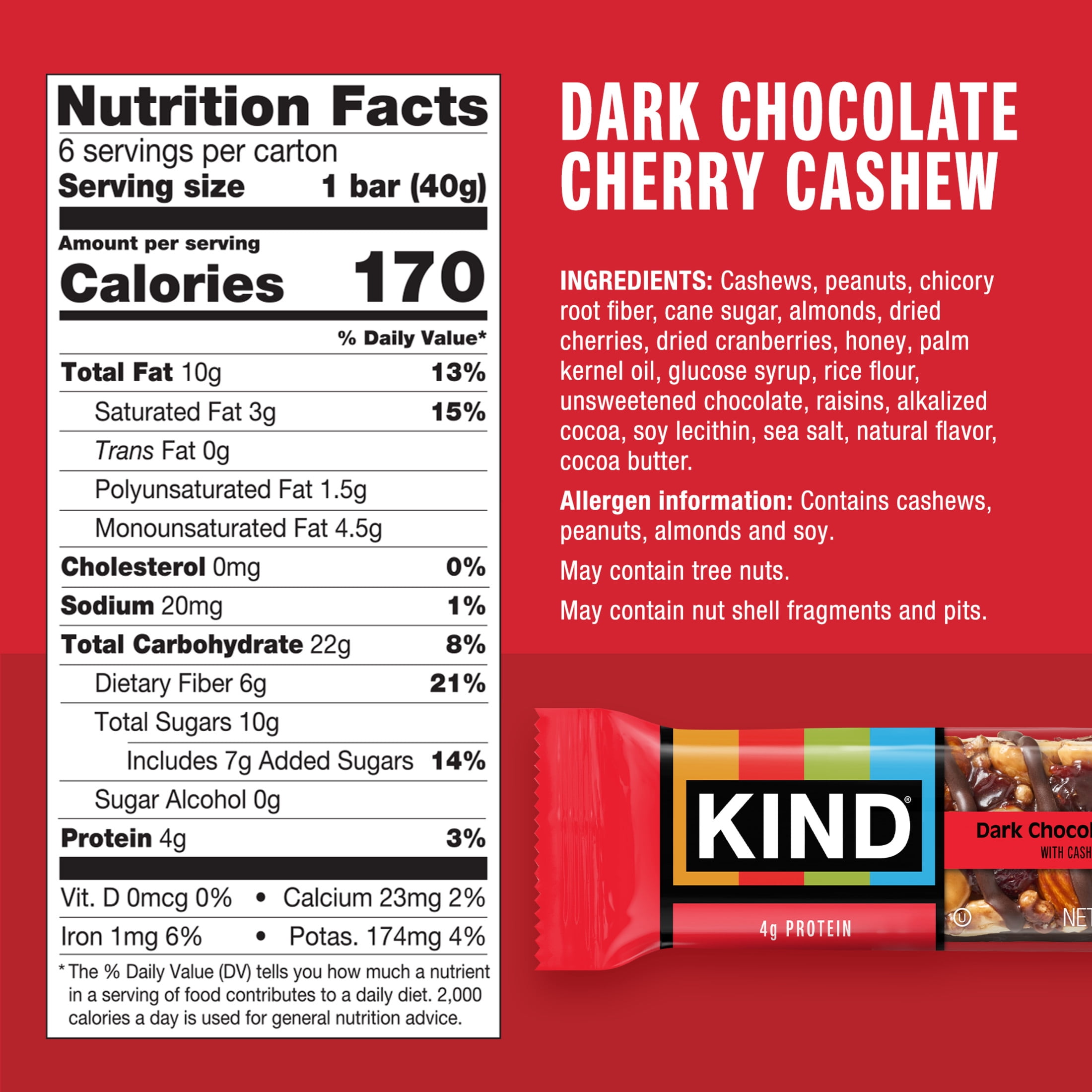 (6 pack) KIND Gluten Free Dark Chocolate Cherry Cashew Snack Bars, 1.4 oz, 6 Count Box